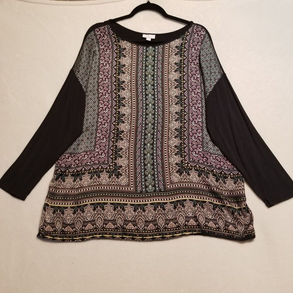 J Jill XL Top Black Purple Paisley Front Mixed Media Boho Office Comfort Whimsy